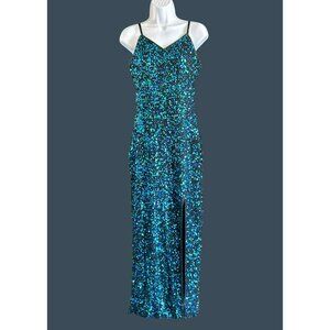 Vintage Scala Blue Green Fully Beaded Silk Evening Gown Medium Prom Y2K Rare